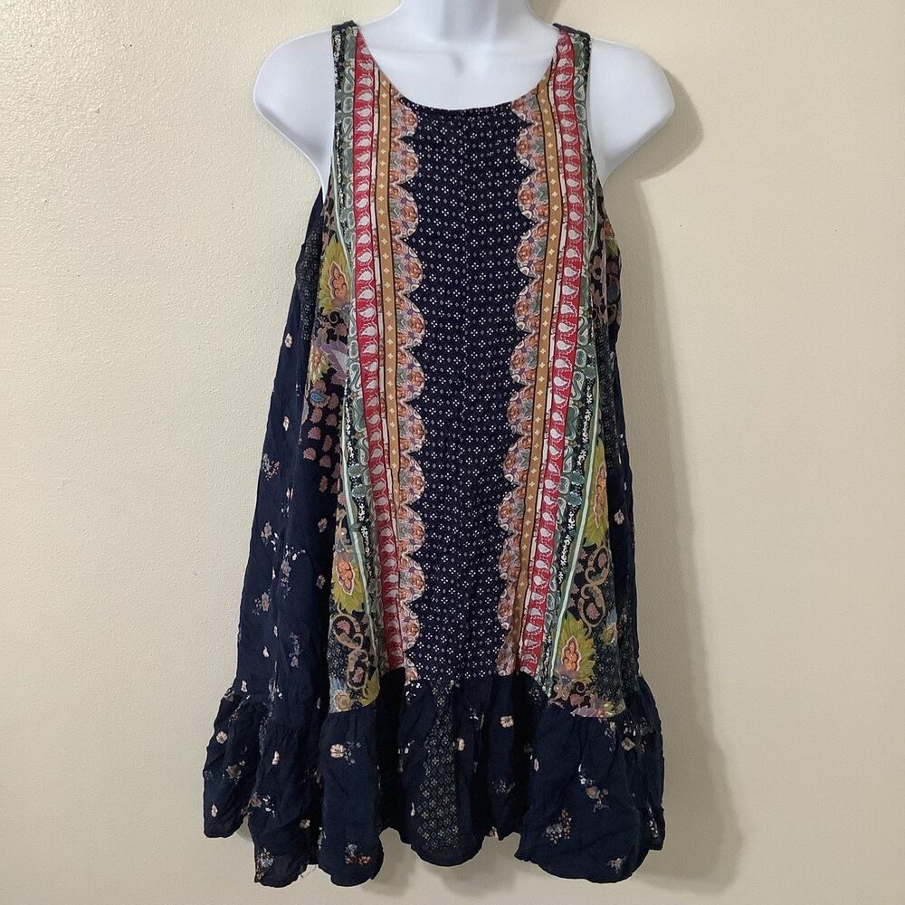 Impressions Bohemian Hippie Paisley Patchwork Artsy Mini Tunic Ruffle Dress M